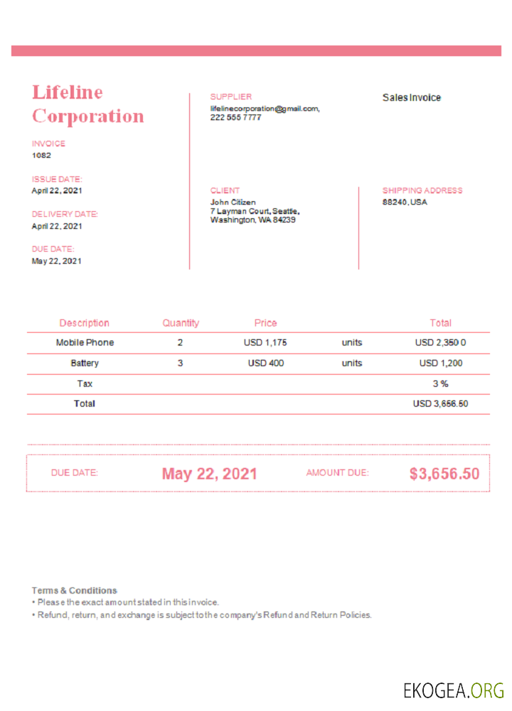 Modèle de facture USA Lifeline Corporation au format Word et PDF, entièrement modifiable, version 2